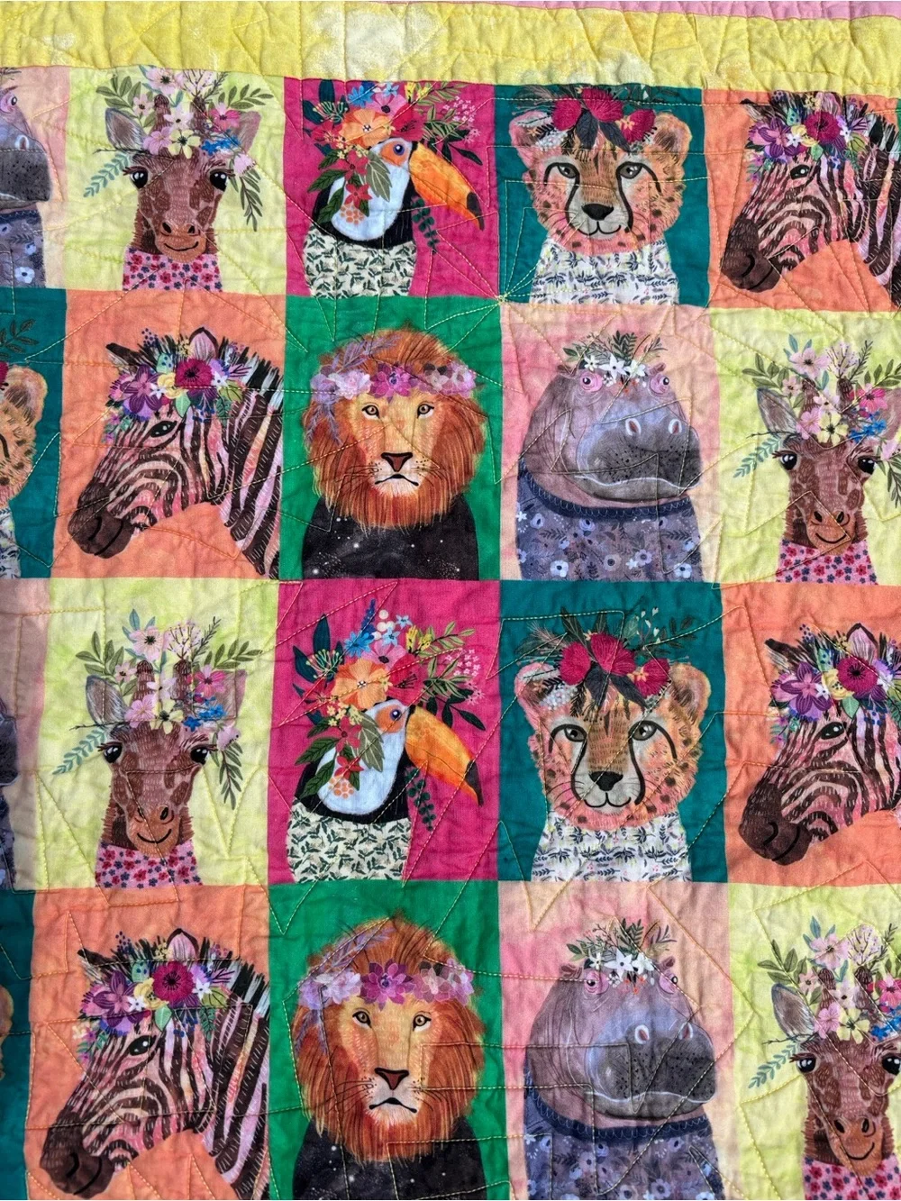 Colorful Animal Patchwork Baby Quilt - Pink, Yellow, Green 34x34